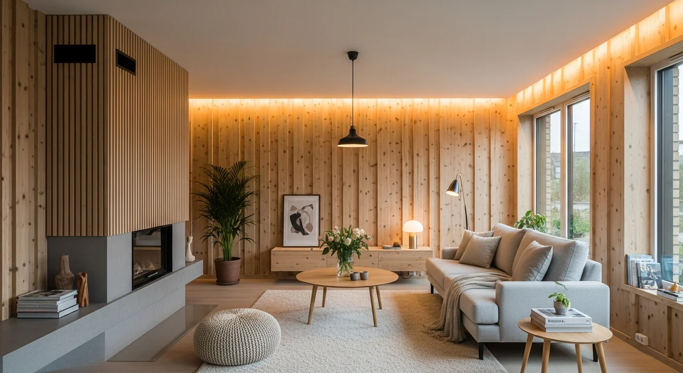 Kaasaegne interjöör puidust seinakatetega, skandinaavia stiil